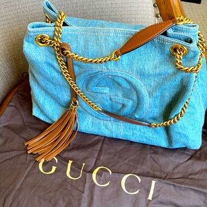 GUCCI Purse/Bag Jean fabric/brown leather gold chain 🦋🦋🦋